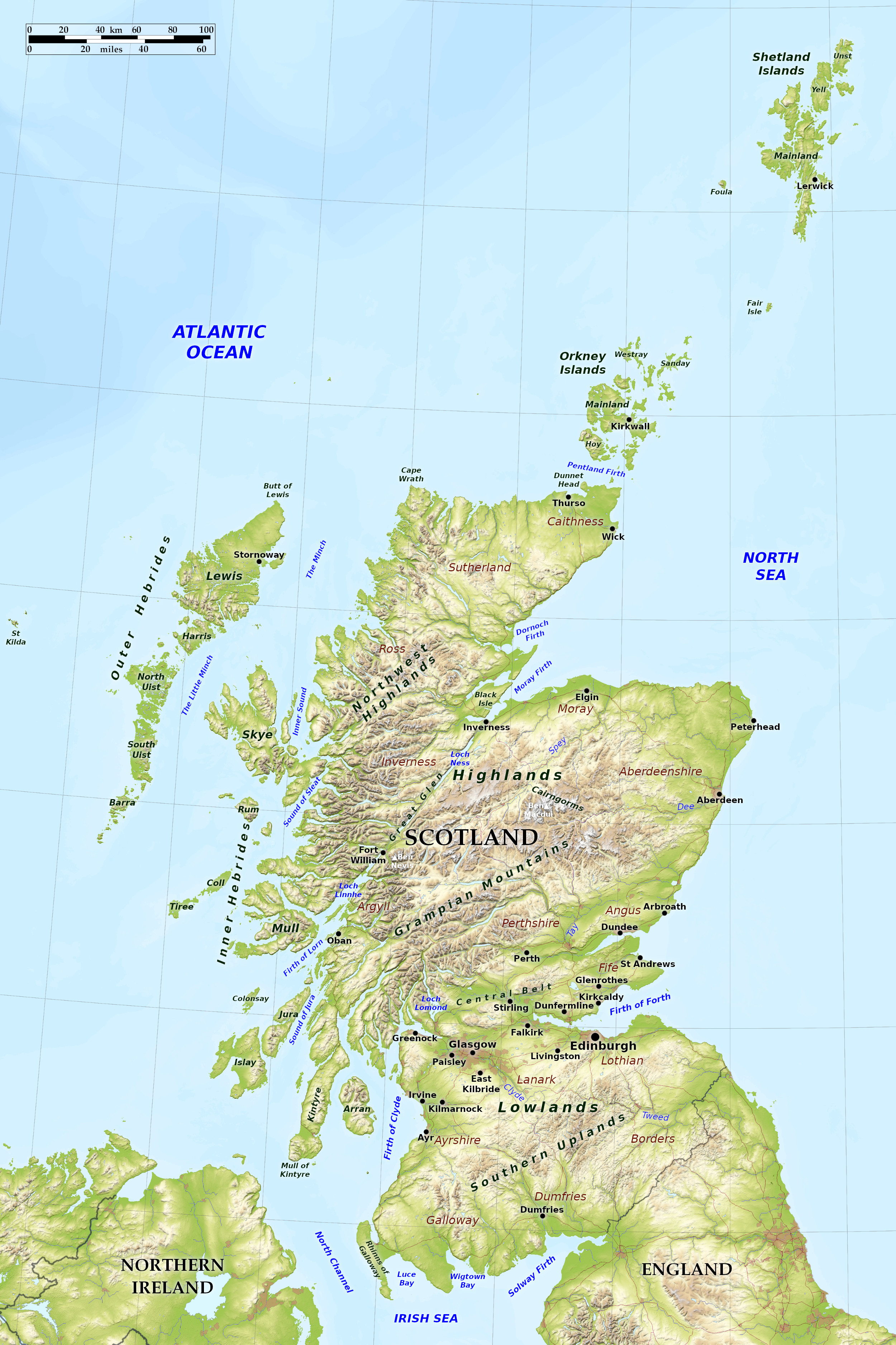 Blue Green Atlas - Free relief map of Scotland