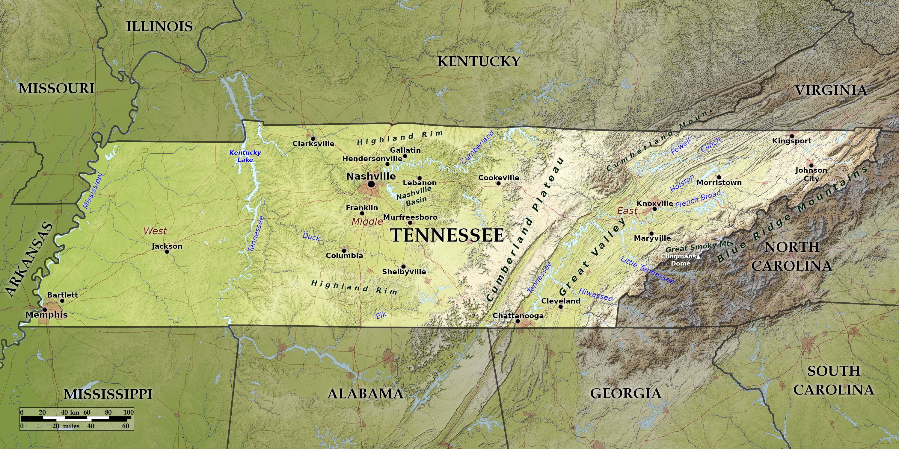 Blue Green Atlas - Free relief map of USA - Tennessee