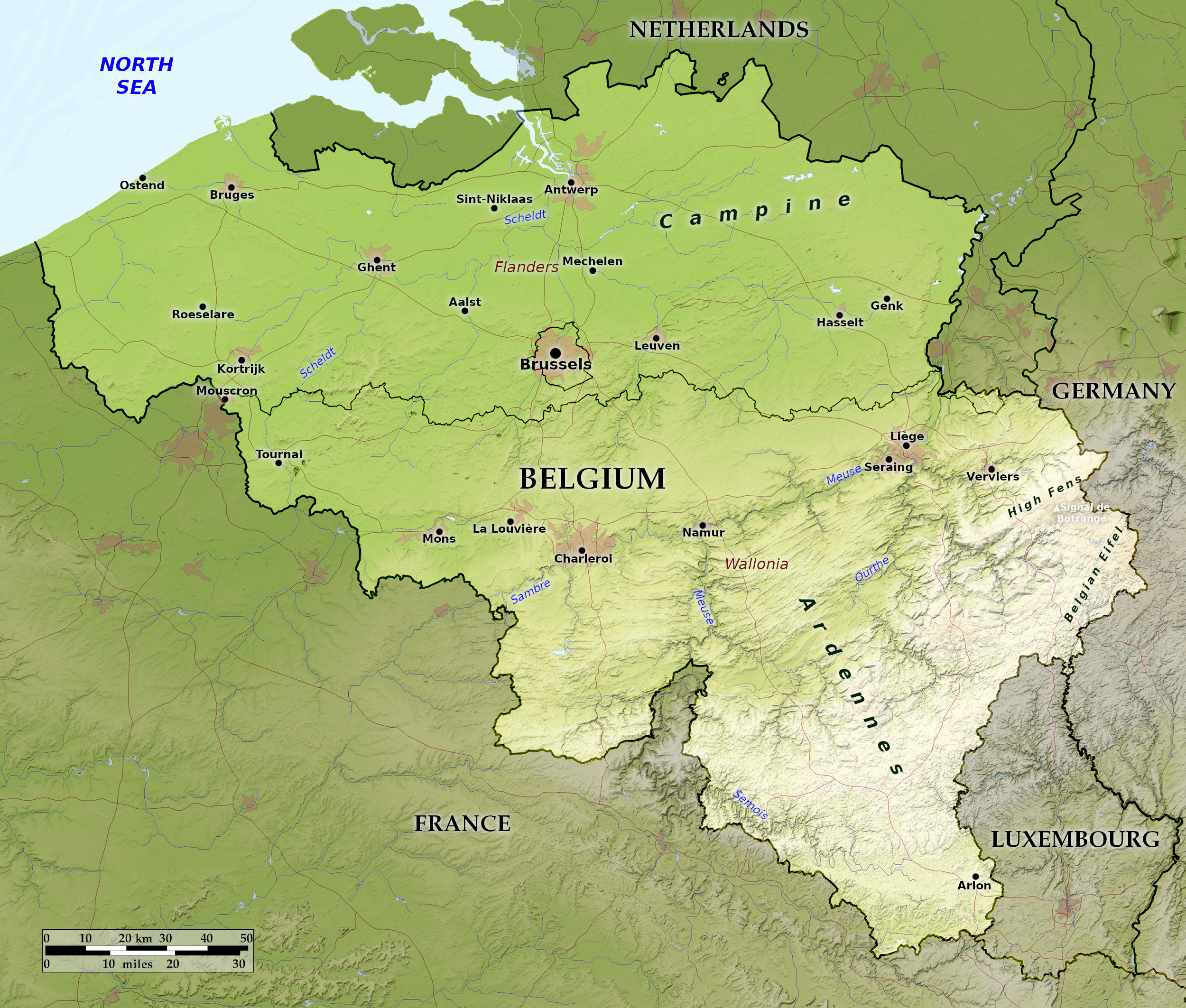 Blue Green Atlas - Free relief map of Belgium