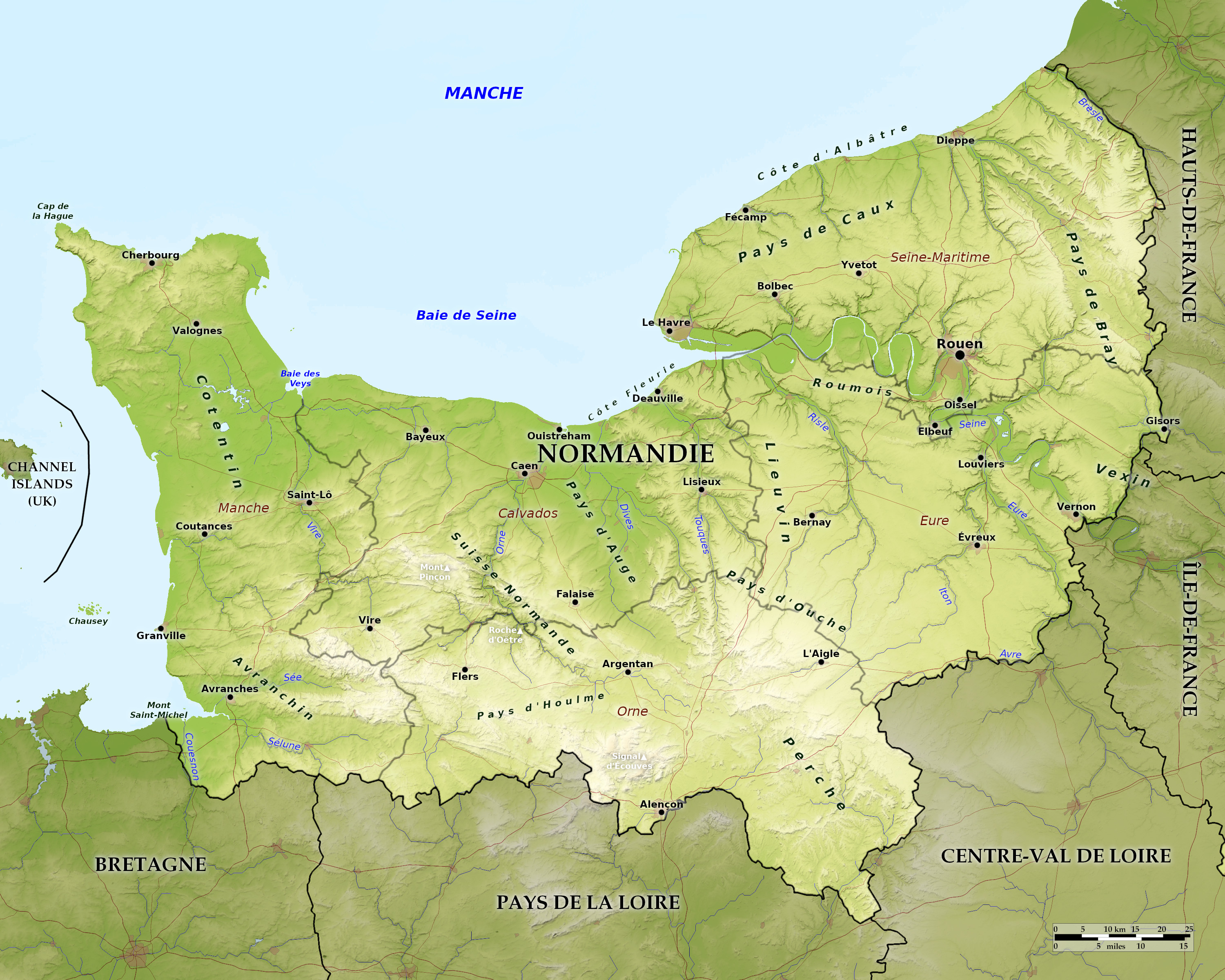 Blue Green Atlas - Free relief map of France - Normandy (Normandie)