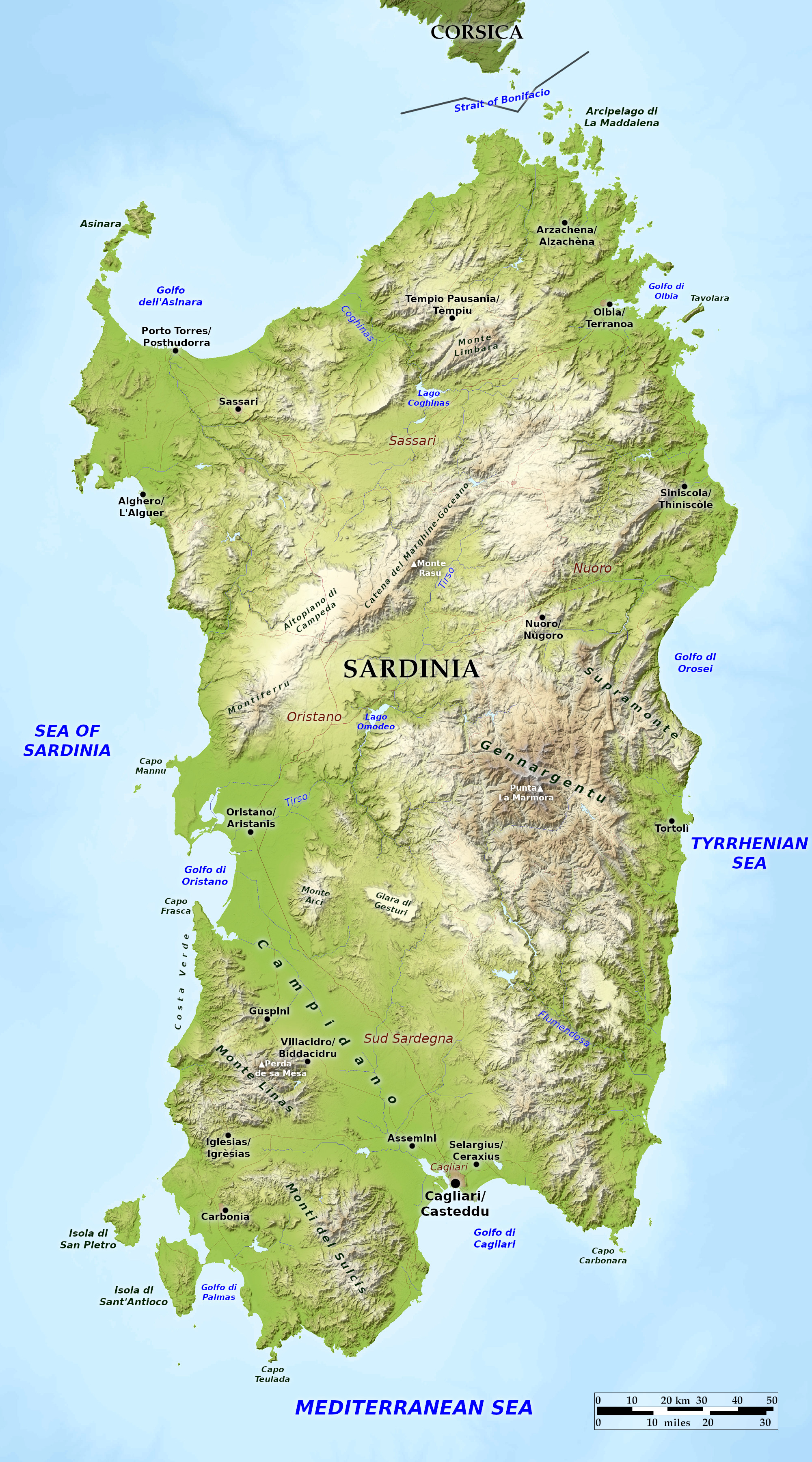 Blue Green Atlas - Free relief map of Italy - Sardinia (Sardegna)
