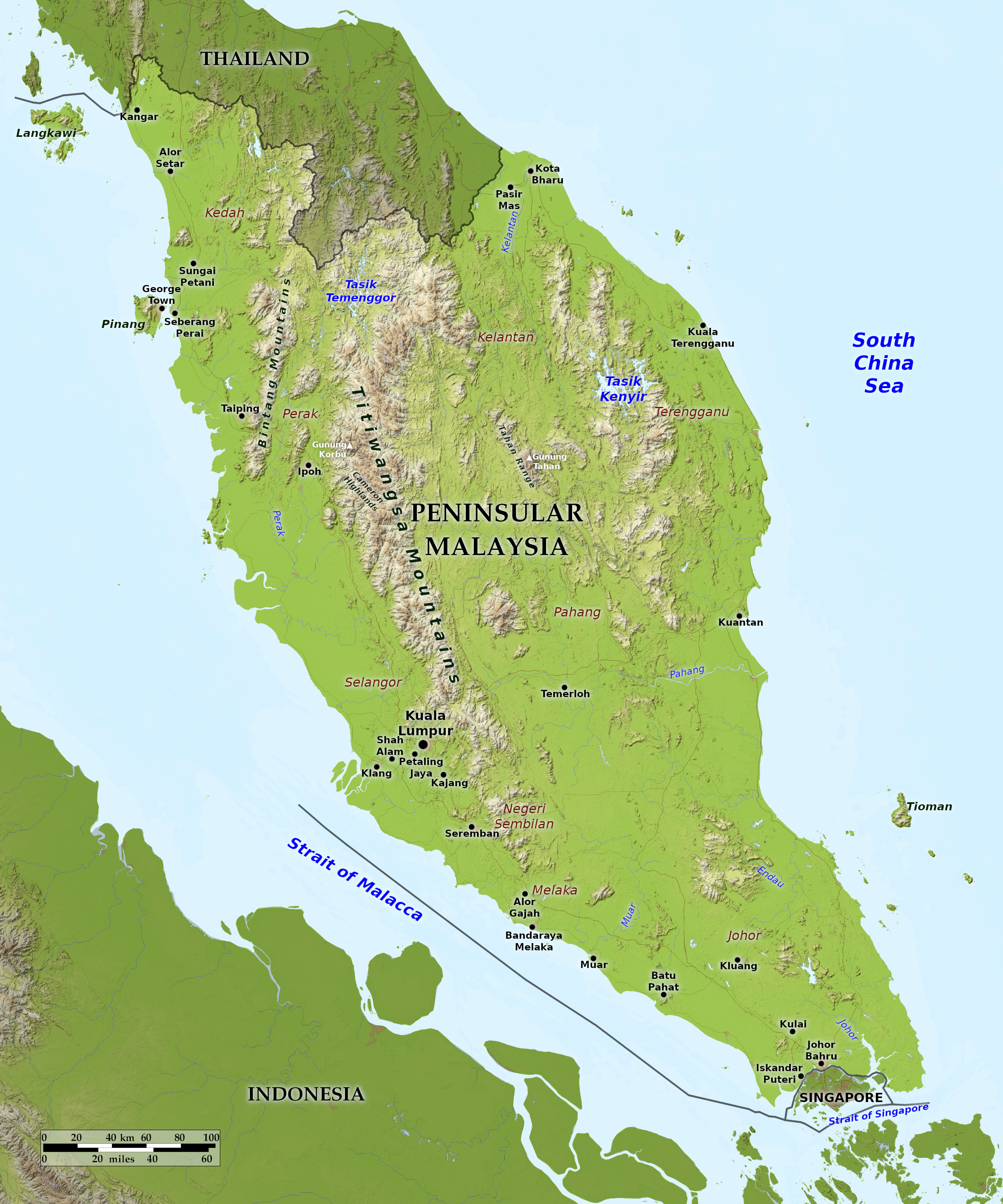 Blue Green Atlas Free Relief Map Of Peninsula Malaysia   Relief Map Of Malaysia Peninsula 