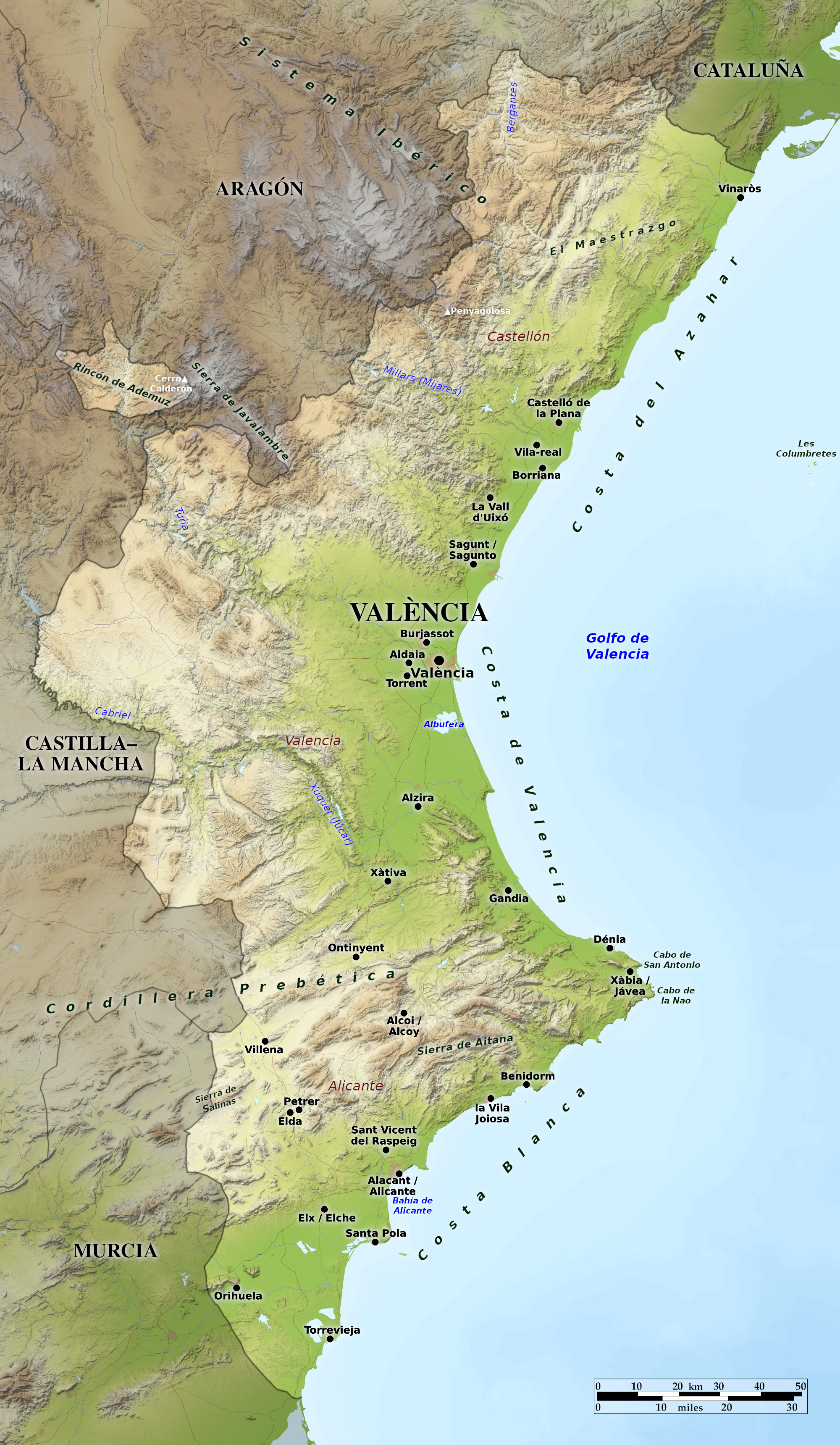 Blue Green Atlas - Free relief map of Spain - the Valencian Community ...